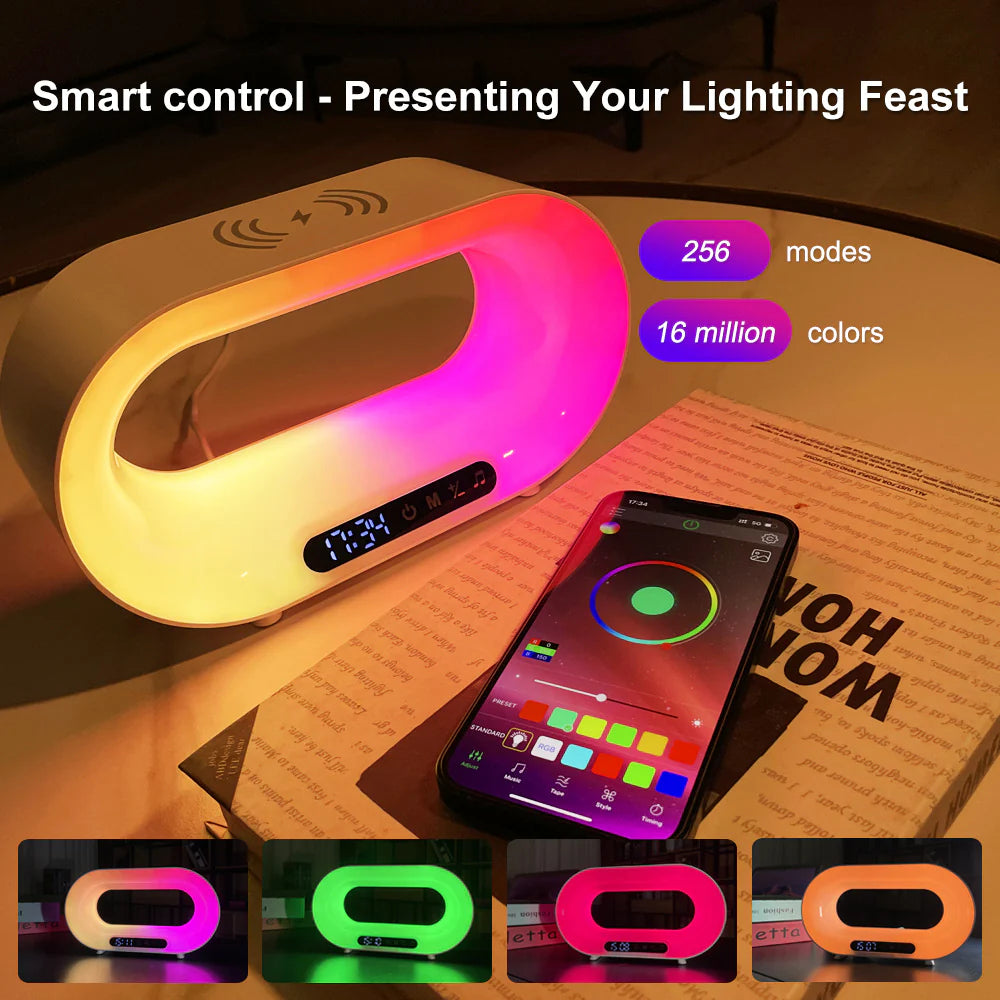 Multi-Function 3 in 1 LED Night Light APP Control RGB Atmosphere Desk Lamp Smart Multifunctional Wireless Charger Alarm Clock